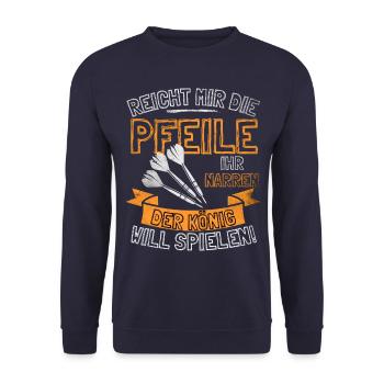 Lustiger Darts Spruch REICHT MIR DIE PFEILE IHR - Unisex Pullover - Navy - Vorne - Alina (178cm) & Michal (187cm)