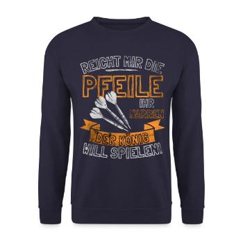 Lustiger Darts Spruch REICHT MIR DIE PFEILE IHR - Unisex Pullover - Navy - Vorne - Alina (178cm) & Michal (187cm)