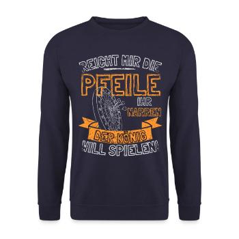 Lustiger Darts Spruch REICHT MIR DIE PFEILE IHR - Unisex Pullover - Navy - Vorne - Alina (178cm) & Michal (187cm)