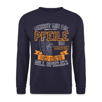 Lustiger Darts Spruch REICHT MIR DIE PFEILE IHR - Unisex Pullover - Navy - Vorne - Alina (178cm) & Michal (187cm)