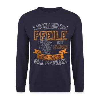 Lustiger Darts Spruch REICHT MIR DIE PFEILE IHR - Unisex Pullover - Navy - Vorne - Alina (178cm) & Michal (187cm)