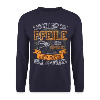 Lustiger Darts Spruch REICHT MIR DIE PFEILE IHR - Unisex Pullover - Navy - Vorne - Alina (178cm) & Michal (187cm)