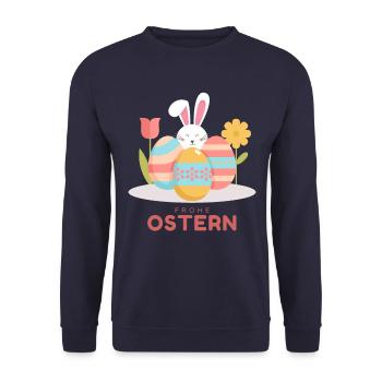 Happy Easter Osterhase Frohe Ostern Ostermotiv - Unisex Pullover - Navy - Vorne - Alina (178cm) & Michal (187cm)