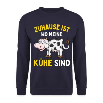 ZUHAUSE IST WO MEINE KÜHE SIND! Lustiges Bauer - Unisex Pullover - Navy - Vorne - Alina (178cm) & Michal (187cm)