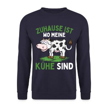 ZUHAUSE IST WO MEINE KÜHE SIND! Lustiges Bauer - Unisex Pullover - Navy - Vorne - Alina (178cm) & Michal (187cm)