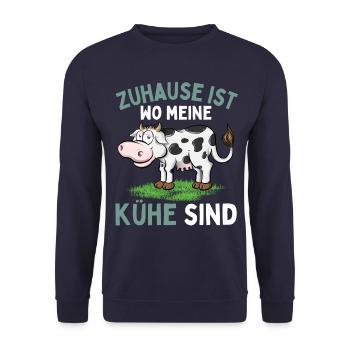 ZUHAUSE IST WO MEINE KÜHE SIND! Lustiges Bauer - Unisex Pullover - Navy - Vorne - Alina (178cm) & Michal (187cm)