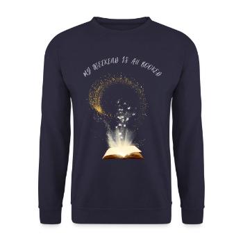 Mein Wochenende ist verBUCHt - Unisex Pullover - Navy - Vorne - Alina (178cm) & Michal (187cm)