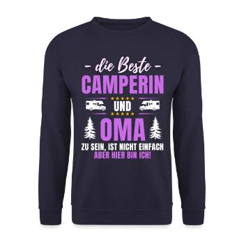 DIE BESTE CAMPERIN & OMA Lustiger Camping - Unisex Pullover - Navy - Vorne - Alina (178cm) & Michal (187cm)