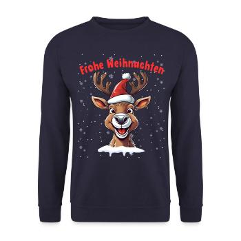Frohe Weihnachten Rentier Mit Weihnachtsmütze - Unisex Pullover - Navy - Vorne - Alina (178cm) & Michal (187cm)