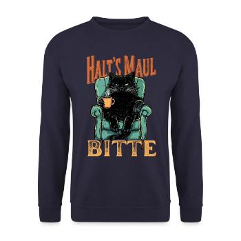 Halt’s Maul Bitte – Coole Vintage Katze mit Spruch - Unisex Pullover - Navy - Vorne - Alina (178cm) & Michal (187cm)
