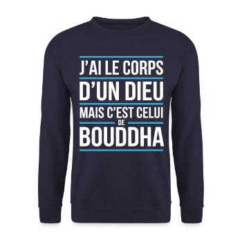 T-shirt humour Bouddha Corps d’un dieu - Sweat-shirt Unisexe - marine - Devant - Alina (178cm) & Michal (187cm)