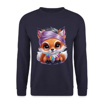 Kawaii Fuchs im Cartoon Stil mit bunten Steinen - Unisex Pullover - Navy - Vorne - Alina (178cm) & Michal (187cm)