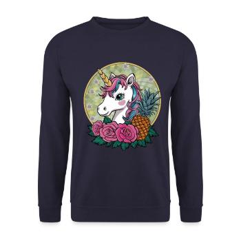 Süßes Cartoon Kawaii Einhorn mit Rosen & Ananas - Unisex Pullover - Navy - Vorne - Alina (178cm) & Michal (187cm)