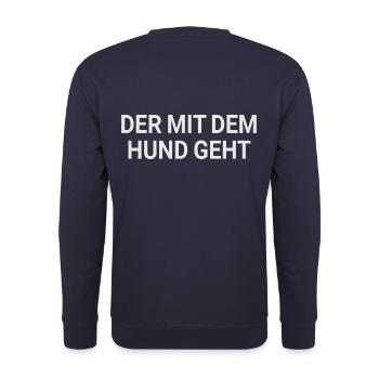Der mit dem Hund geht - Rücken, Rückseite - Unisex Pullover - Navy - Hinten - Michal (187cm)