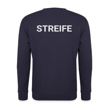 Streife - Rücken, Rückseite, hinten beschriftet - Unisex Pullover - Navy - Hinten - Michal (187cm)