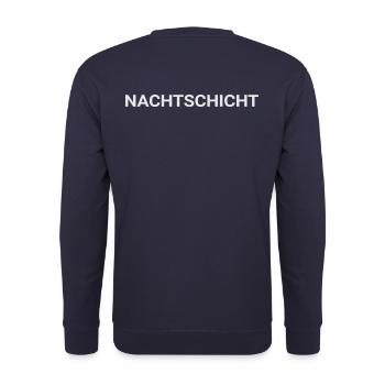 Nachtschicht Rücken, Rückseite, hinten beschriftet - Unisex Pullover - Navy - Hinten - Michal (187cm)