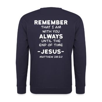 Bibelvers Bibel Christlich Jesus Matthäus 28:20 - Unisex Pullover - Navy - Hinten - Michal (187cm)