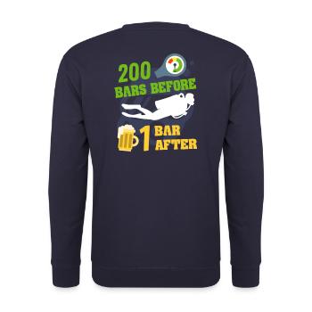 200 bar vorher 1 bar nach; Das ist Tauchen - Unisex Pullover - Navy - Hinten - Michal (187cm)