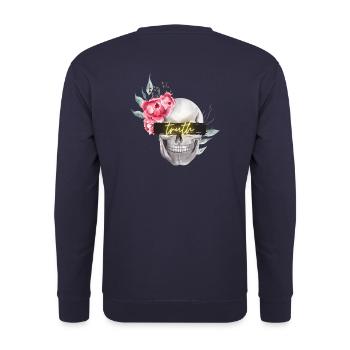 Skull, roses, beam inscription "truth" on the back - Unisex Sweatshirt - navy - Back - Michal (187cm)