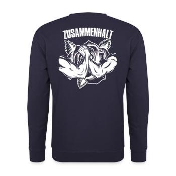 zusammenhalt mit rose in weiss - Unisex Pullover - Navy - Hinten - Michal (187cm)