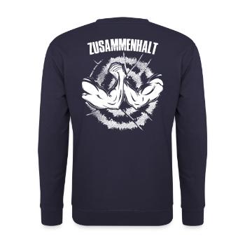 zusammenhalt in Weiss mit Bizeps - Unisex Pullover - Navy - Hinten - Michal (187cm)