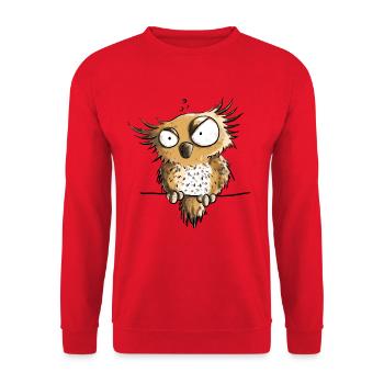Mißgelaunte Eule I Eulen Funmotiv I Kauz - Unisex Pullover - Rot - Vorne - Alina (178cm) & Michal (187cm)