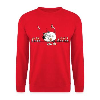 Katze unter Vogel  Freunden Cartoon  - Unisex Pullover - Rot - Vorne - Alina (178cm) & Michal (187cm)
