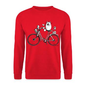 Katze auf Radtour - Unisex Pullover - Rot - Vorne - Alina (178cm) & Michal (187cm)