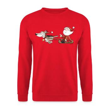 Weihnachtsmann mit Hundeschlitten I Weihnachten - Unisex Pullover - Rot - Vorne - Alina (178cm) & Michal (187cm)