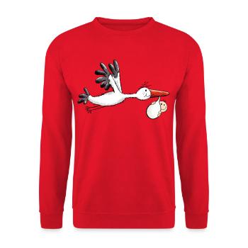 Lustiger Storch bringt Baby - Comic - Geburt - Unisex Pullover - Rot - Vorne - Alina (178cm) & Michal (187cm)