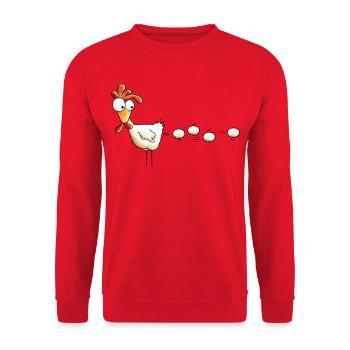 Achtung Hühner Geschoss - Huhn - Hahn - Gockel - Unisex Pullover - Rot - Vorne - Alina (178cm) & Michal (187cm)
