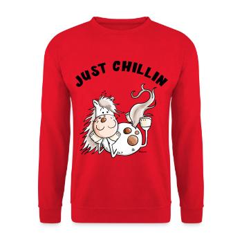 Chillendes Pferd - Comic - Pferde - Geschenk - Unisex Pullover - Rot - Vorne - Alina (178cm) & Michal (187cm)