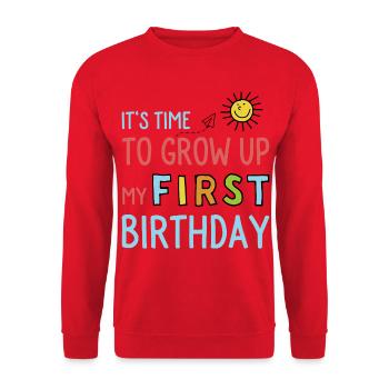 Lustige Sprüche zum ersten Geburtstag - Unisex Pullover - Rot - Vorne - Alina (178cm) & Michal (187cm)