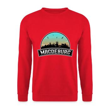 Magdeburg Deutschland Skyline Deutsches Souvenir - Unisex Pullover - Rot - Vorne - Alina (178cm) & Michal (187cm)