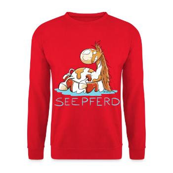 Seepferd im Urlaub I Comic Wortspiel Pferd - Unisex Pullover - Rot - Vorne - Alina (178cm) & Michal (187cm)