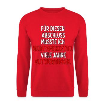 Abschlussprüfungen Bestanden - Spickzettel Sprüche - Unisex Pullover - Rot - Vorne - Alina (178cm) & Michal (187cm)