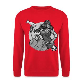 Friseurin, Friseuse, Frisörin, Friseur, Totenkopf - Unisex Pullover - Rot - Vorne - Alina (178cm) & Michal (187cm)