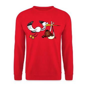 Skurriler Storch und Babyvogel Illustration - Unisex Pullover - Rot - Vorne - Alina (178cm) & Michal (187cm)