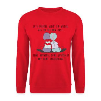 Gute Freunde, Freundschaft, Lieblingsmensch - Unisex Pullover - Rot - Vorne - Alina (178cm) & Michal (187cm)