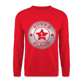 Hurra 1. Klasse - silbernes Abzeichen mit Stern  - Unisex Pullover - Rot - Vorne - Alina (178cm) & Michal (187cm)