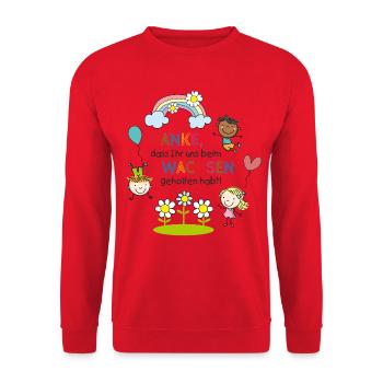 Dankesspruch Kita 1 | Kinder - Regenbogen - Blumen - Unisex Pullover - Rot - Vorne - Alina (178cm) & Michal (187cm)