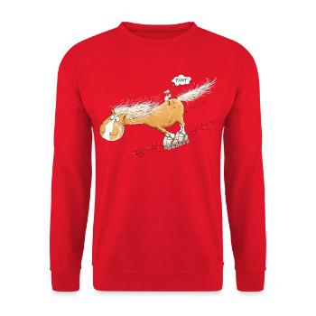 Pferd Mit Rollschuh Fährt Wortspiel Pferdefreunde - Unisex Pullover - Rot - Vorne - Alina (178cm) & Michal (187cm)