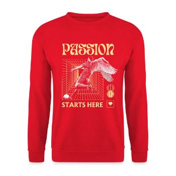 Passion Starts Here – Fußball-Design mit Grid - Unisex Pullover - Rot - Vorne - Alina (178cm) & Michal (187cm)