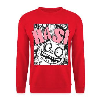 Ausgefallenes Cartoon-Gesicht mit Humor - Unisex Pullover - Rot - Vorne - Alina (178cm) & Michal (187cm)