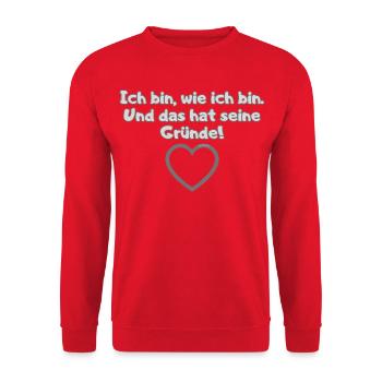 Statement-Shirt „Ich bin wie ich bin“ Unikat-Editi - Unisex Pullover - Rot - Vorne - Alina (178cm) & Michal (187cm)