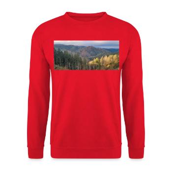 Herbstliche Waldlandschaft mit Sonnenlicht - Unisex Pullover - Rot - Vorne - Alina (178cm) & Michal (187cm)