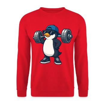 Cooler Pinguin mit Hantel Fitness Bodybuilding - Unisex Pullover - Rot - Vorne - Alina (178cm) & Michal (187cm)
