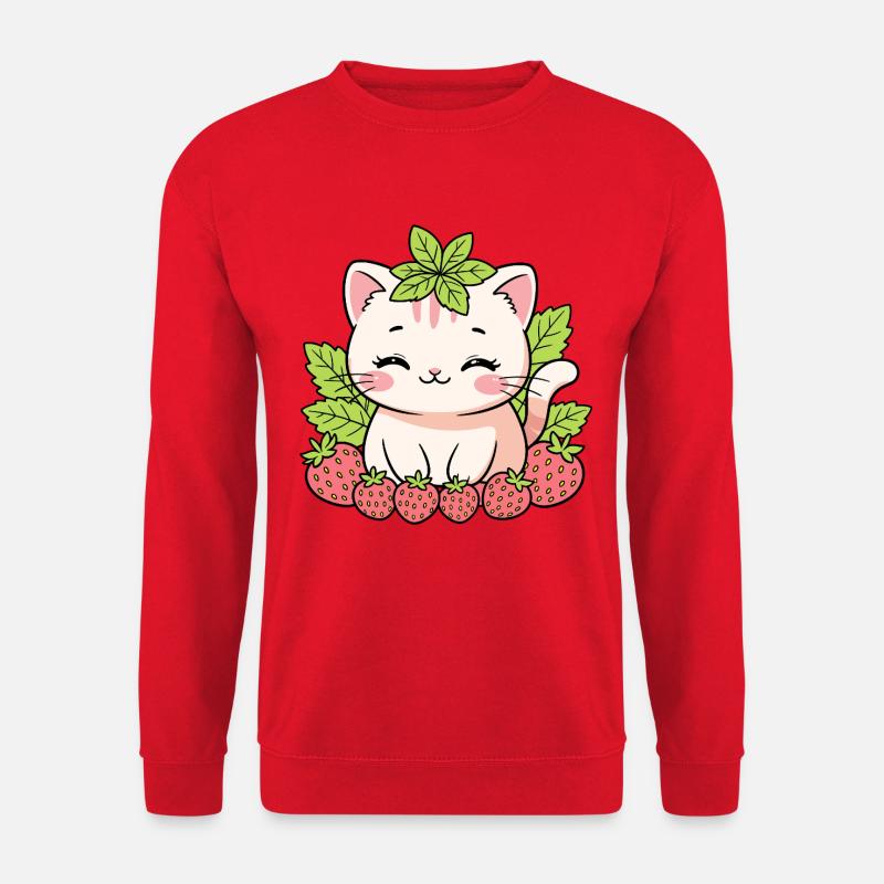 Kätzchen mit Erdbeeren und Blättern - Unisex Pullover - Rot