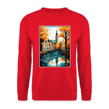 Gouda Niederlande Vintage-Reiseplakat Stadtlandschaft - Unisex Pullover - Rot - Vorne - Alina (178cm) & Michal (187cm)