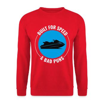 Lustiges Jetski-Wortspiel, gebaut für Geschwindigkeit - Unisex Pullover - Rot - Vorne - Alina (178cm) & Michal (187cm)